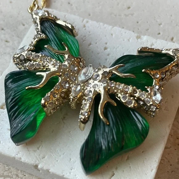 Alexis Bittar Green Lucite Butterfly Necklace Crystal Gold Statement Pendant - Picture 2 of 5